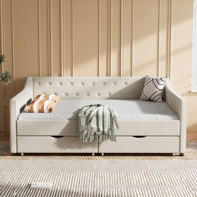 Full Size Daybed With Drawers Upholstered Tufted Sofa Bed, With Button On Back And Piping On Waved Shape Arms