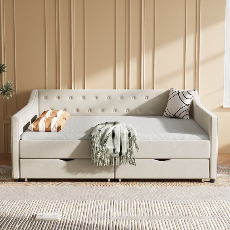 Linen Upholstered Daybed with 2 Drawers, Wooden Platform Sofa Bed Frame with Button Tufted Backrest, No Box Spring Needed - Beige - Full