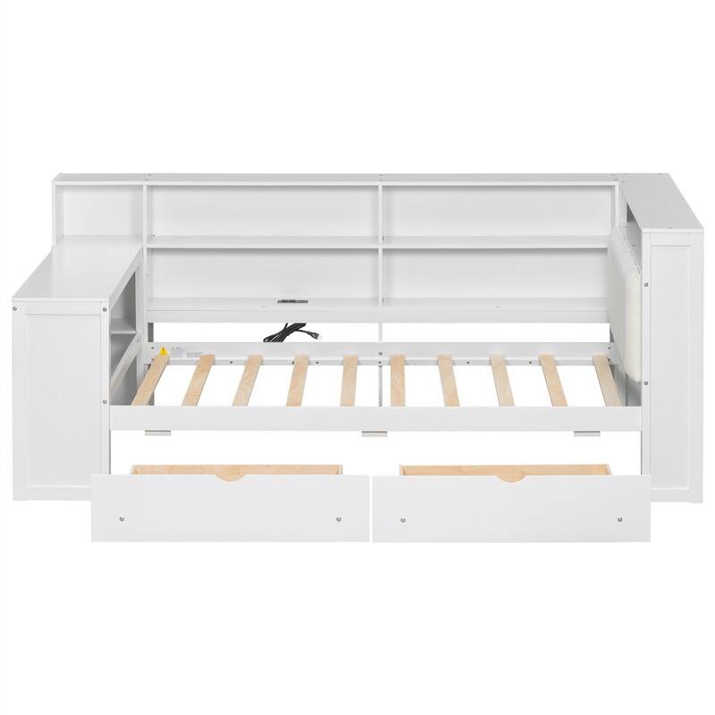Twin/Full Size Daybed with LED Light, Side Desk and 2 Drawers, Wooden Sofa Bed with Storage Shelves and Upholstered Headboard