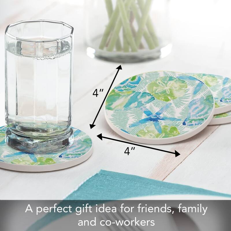 Isla Mona Round Absorbent Stone Coaster 4 Pack with Protective Cork Backing. Manufactured in The USA