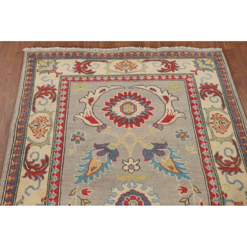 Kazak Runner Rug Hand-Knotted Floral Wool Carpet - 3'3" x 9'8"