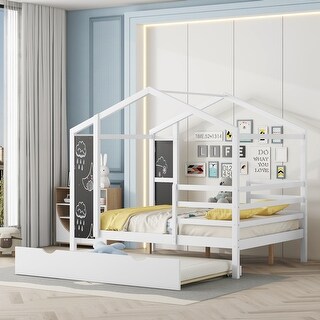 Full Size Solid Wood House Bed with Trundle, Fence and Writing Board for Kids, Boys and Girls, Bedroom