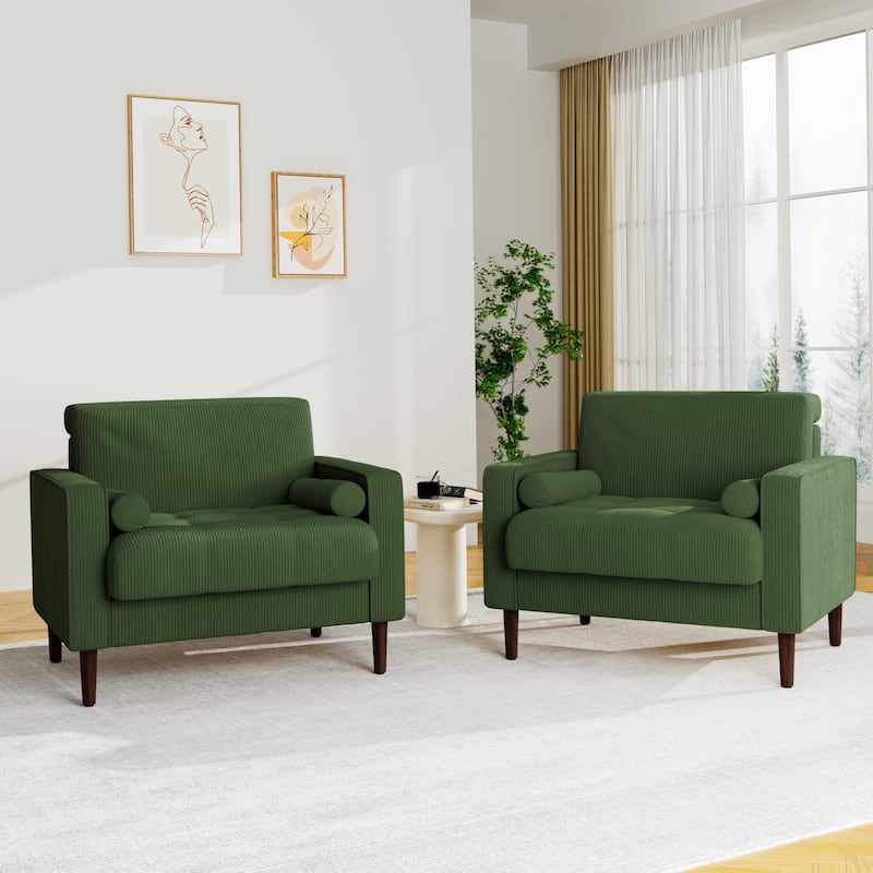 2 Set Upholstered Wide Comfy Accent Club Chair with Wood Leg - 34.6" W x 30.6" D x 28.7" H - Green