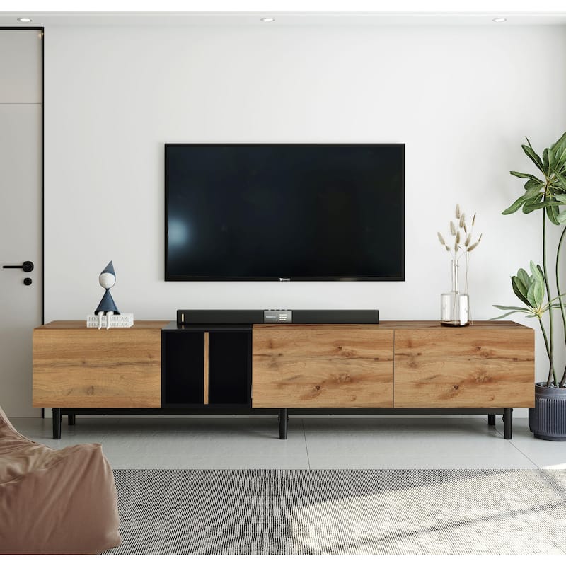​​Modern Minimalist TV Stand with 3 Storage Cabinets and Drop Down Doors for Living Rooms and Home Theaters​​ - Natural Wood
