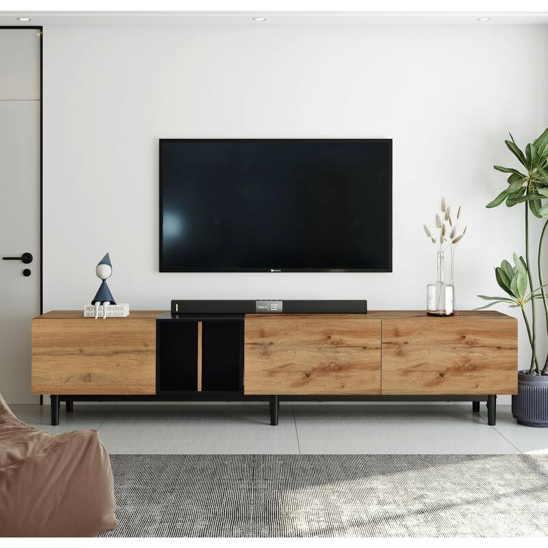 3 Doors Wood TV Stand for 80" TV, Rectangle Media Console Table with Open Storage, Entertainment Center with 3 Cabinet - Natural Wood