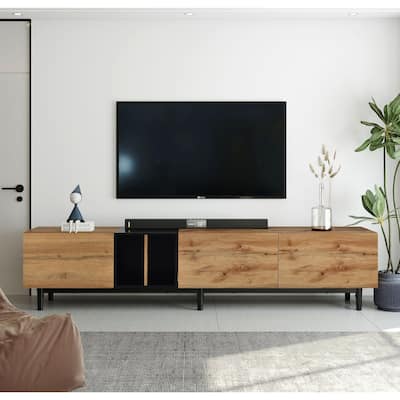 3 Doors Wood TV Stand for 80" TV, Rectangle Media Console Table with Open Storage, Entertainment Center with 3 Cabinet