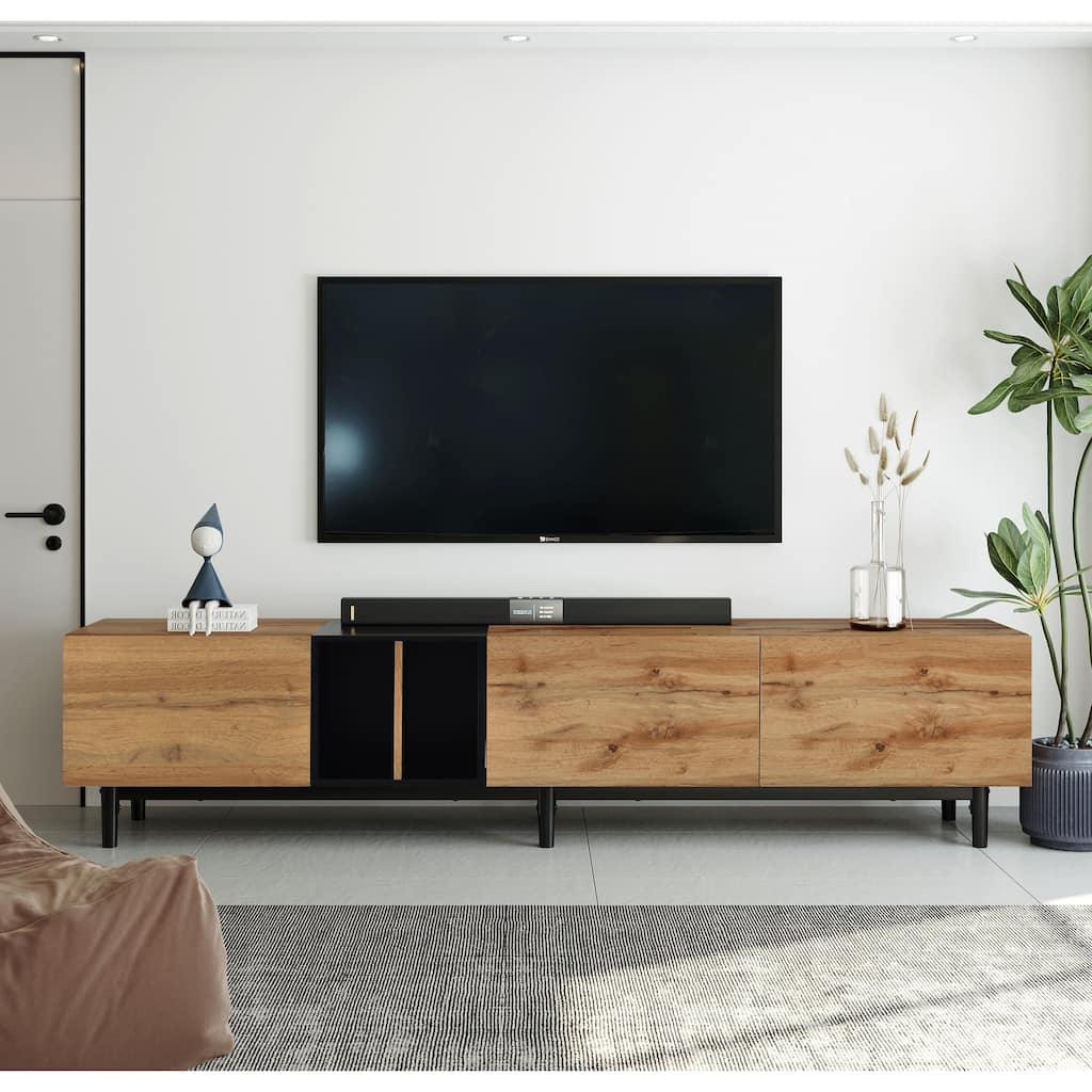3 Doors Wood TV Stand for 80" TV, Rectangle Media Console Table with Open Storage, Entertainment Center with 3 Cabinet