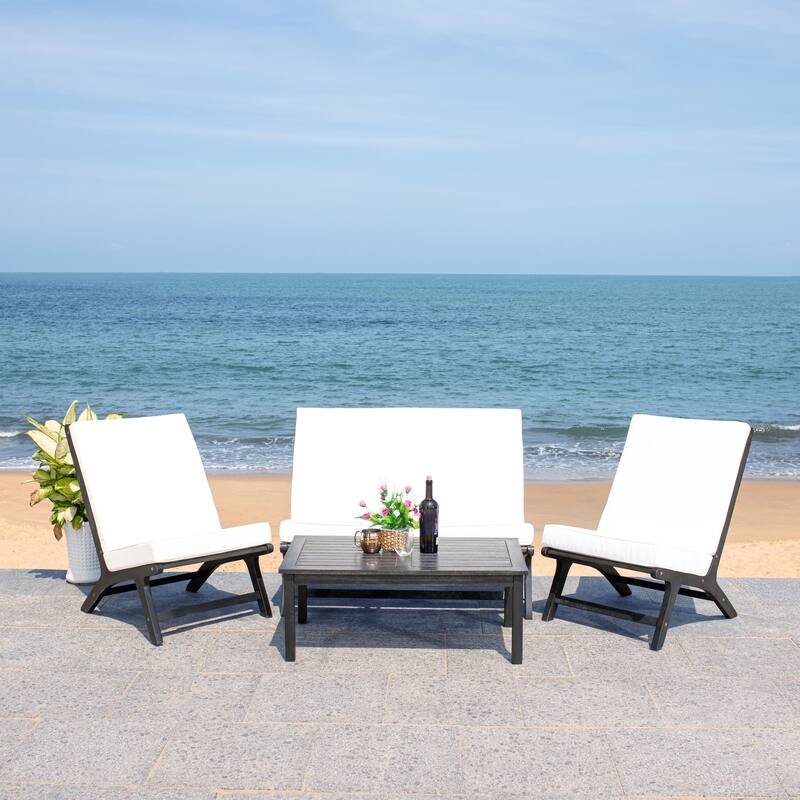 SAFAVIEH Outdoor Aryana 4-Piece Conversation Patio Set with Accent Pillow - 46W x 34D x 32H - Black/Beige