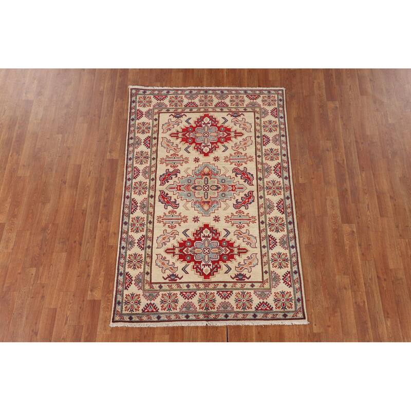 Geometric Beige Kazak Area Rug Handmade Oriental Wool Carpet - 3'11" x 5'10"