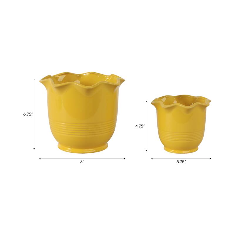 Ceramic Planter Scalloped Rim Ribbed Design Home Decor (Set of 2) - 8" x 8" x 6.75"