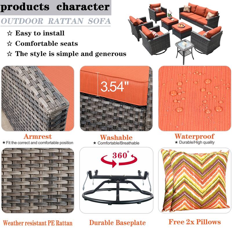 OVIOS 8-piece Patio Wicker Conversation Furniture Set with Swivel Chairs