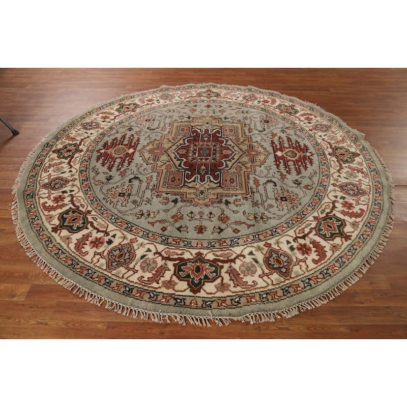 Heriz Serapi Indian Round Rug Hand-Knotted Wool Carpet - 7'10"x 7'10"