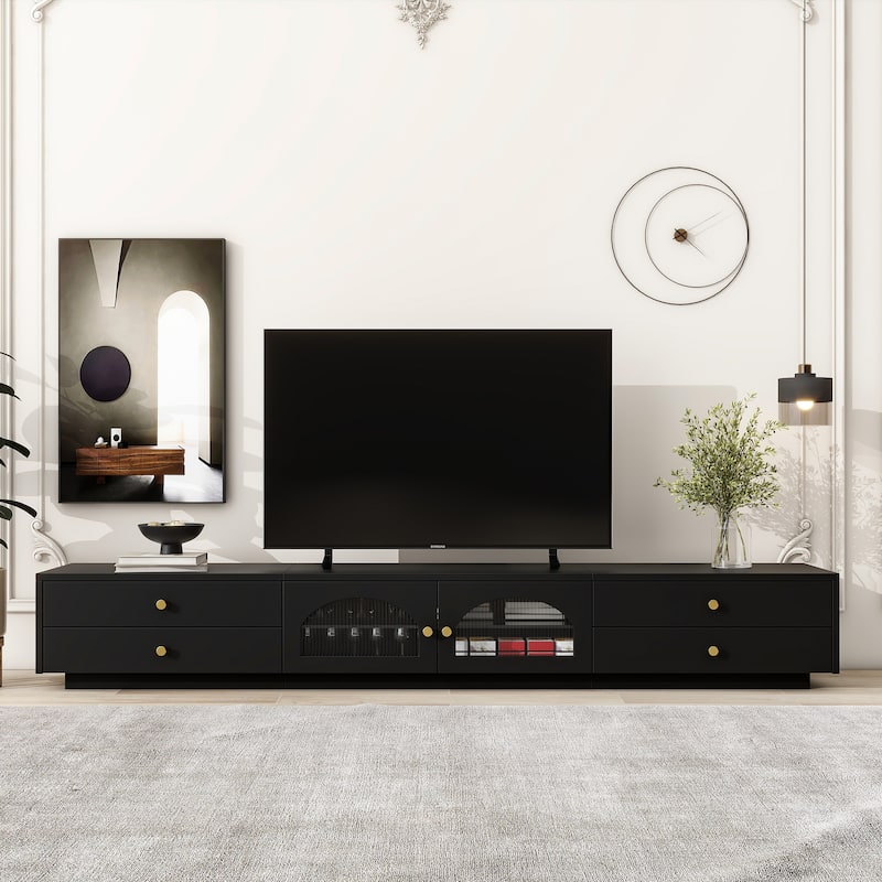 Luxurious TV Stand With 4 Drawers Fluted Glass Doors Easy Assembly Media Console Table Entertainment Center - Black