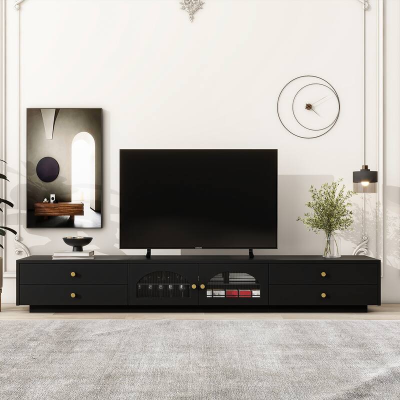 Luxurious TV Stand with Fluted Glass Doors & 4 Drawer, Wood Media Console with Multiple Storage Options & Tempered Glass Shelf