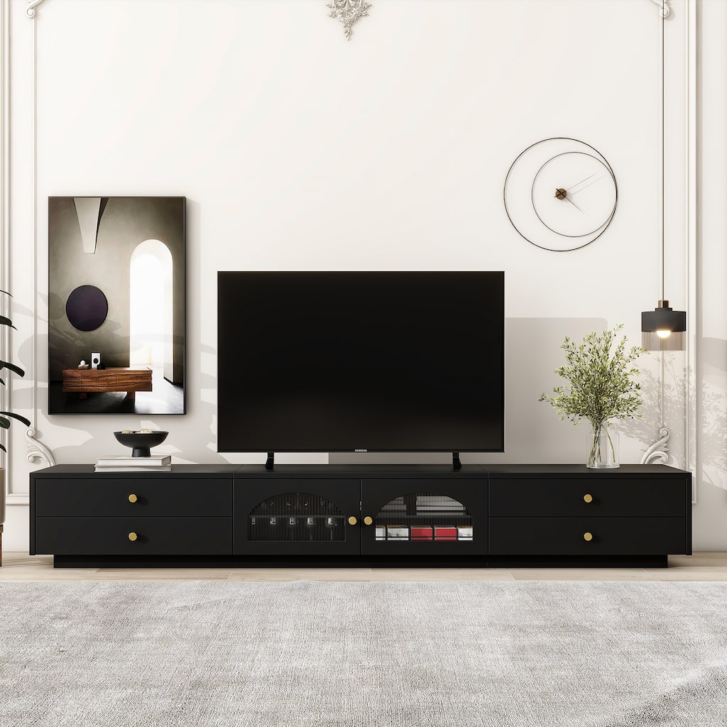 Modern Luxurious TV Stand, for TVs Up to 95'' with Fluted Glass Doors 2 Drawers and Tempered Glass Shelf, for Living Room, Black