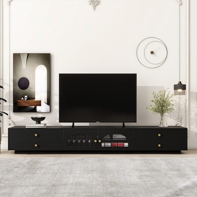 TV Stand with Fluted Glass Doors, Media Console with Storage Drawers, Entertainment Center with Tempered Glass Shelf