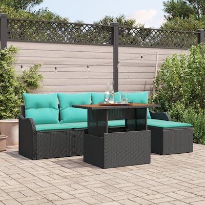 vidaXL 6 Piece Garden Sofa Set with Cushions Black Poly Rattan - 90.9×46.1×27.2