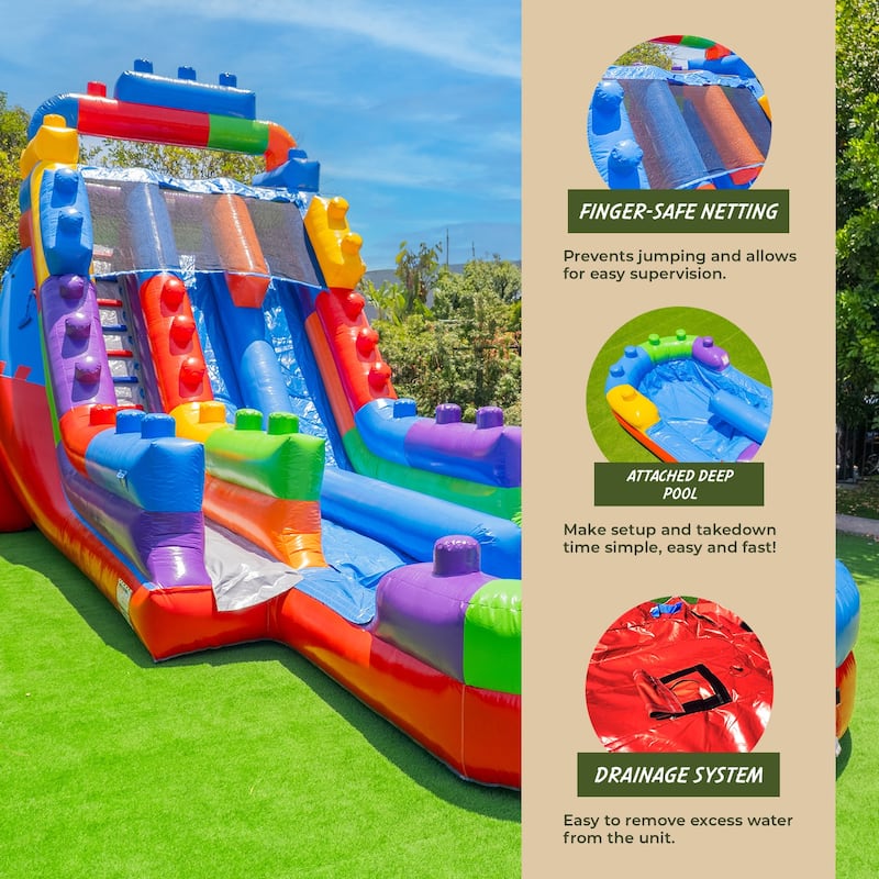 XJUMP Block Party 19' Dual Lane Side Loader Water Slide with Pool and Air Blower, Kids and Adults, Commercial Grade PVC Vinyl