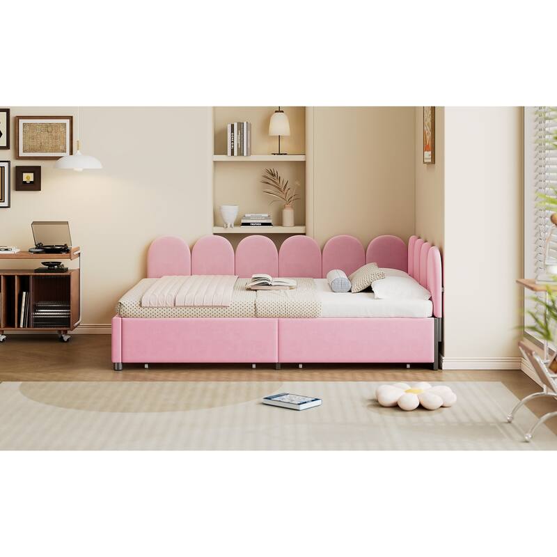 Velvet Upholstered Daybed with Two Drawers and Soft Headboard