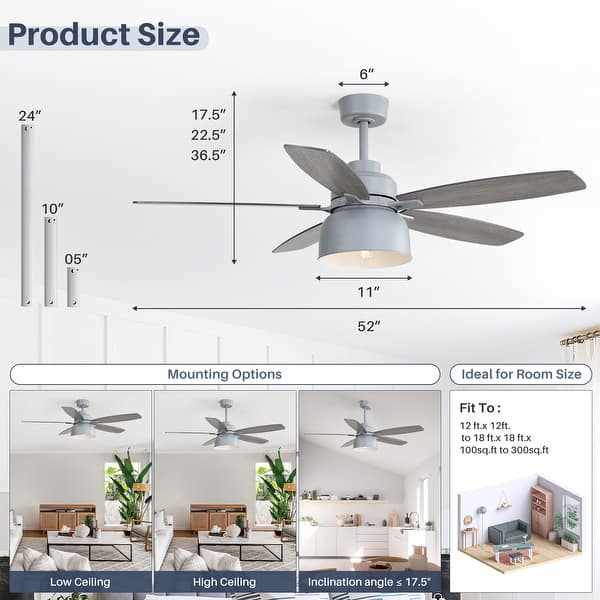 52-Inch Premium Cement Gray Ceiling Fan With Light,E26 Bulb Included,Remote Control,DC Motor,5 Plywood Blades