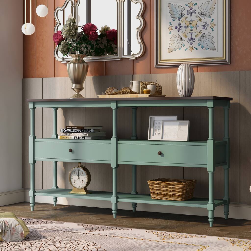 Versatile Console Table Sofa Table with 3-Tier Open Storage Shelf and Two Drawers for Living Room, Hallway, Dining Room