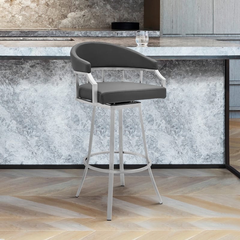 HomeRoots 40" Gray Faux Leather And Iron Swivel Low Back Bar Height Chair - 21 x 40 x 21