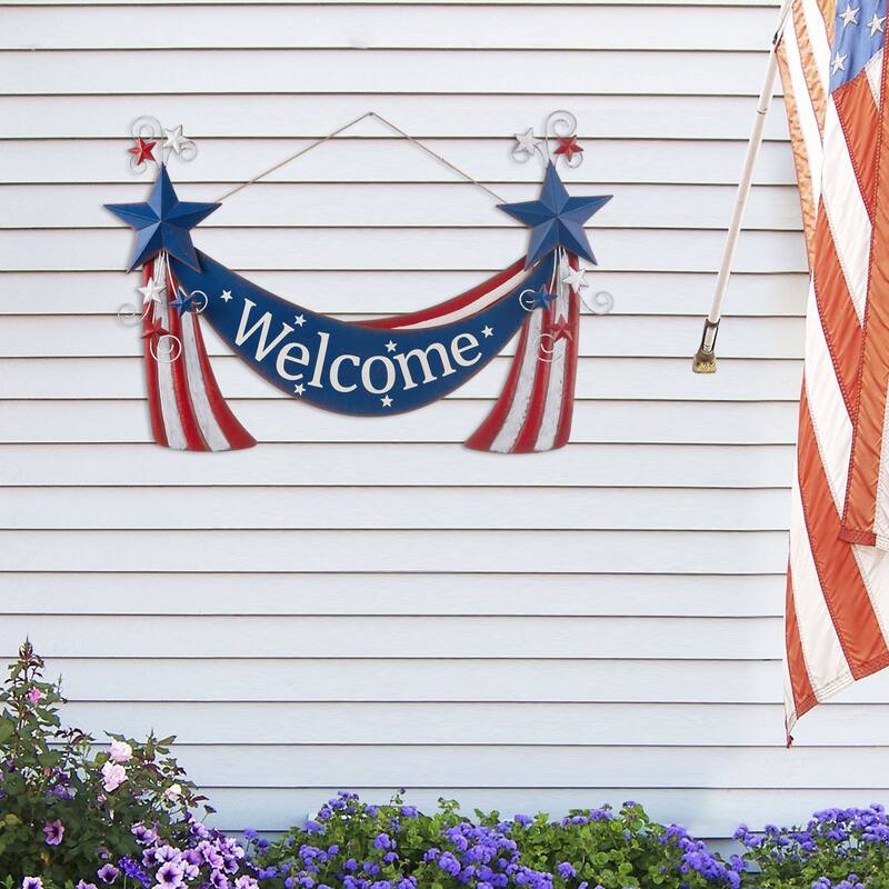 Glitzhome Metal Americana Stars Stripes Yard Stake Wall Sign with Welcome Flag