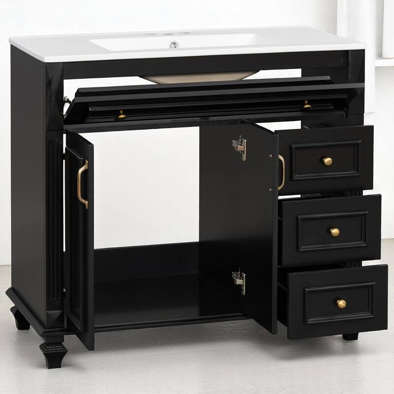 36" Bathroom Vanity with Sink, Freestanding White Cabinet with Gold Hardware, Ceramic Top, Flip Drawer, Soft-Close Doors