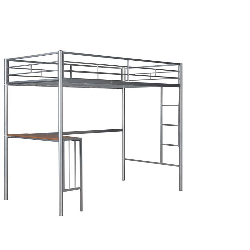 Twin Metal Loft Bed with Desk, Ladder, and Guardrails for Compact Bedrooms