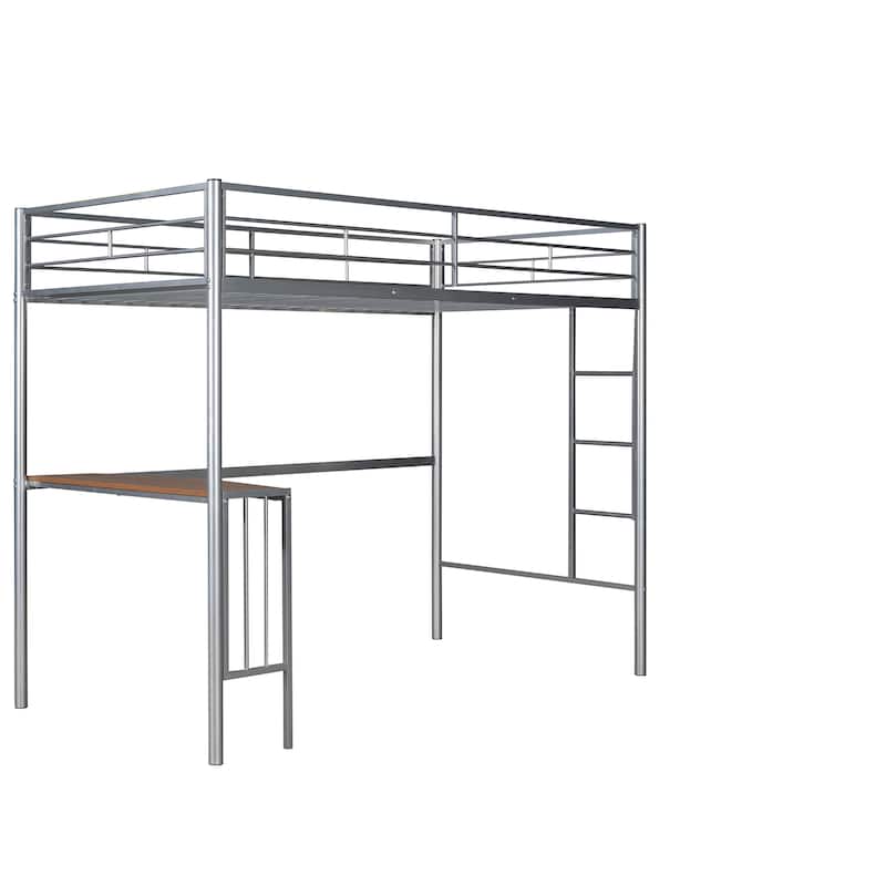 Twin Metal Loft Bed with Desk, Ladder and Guardrails, Loft Bed for Bedroom