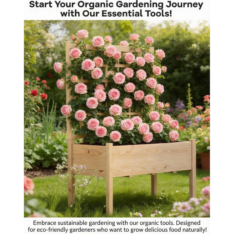 Wooden Elevated Garden Bed, with Trellis