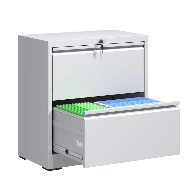 2 Drawer Lateral File Cabinet with Lock, Metal Lateral Filing Cabinet, Steel Wide Horizontal Filing Cabinets for Letter/Legal - White