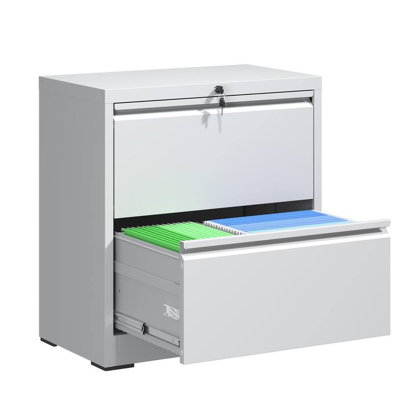 Modern Side-Pull File Cabinet, Wide Horizontal Filing Cabinet with Lock, 2 Drawers, Silent Slides, for Home Office, White - White