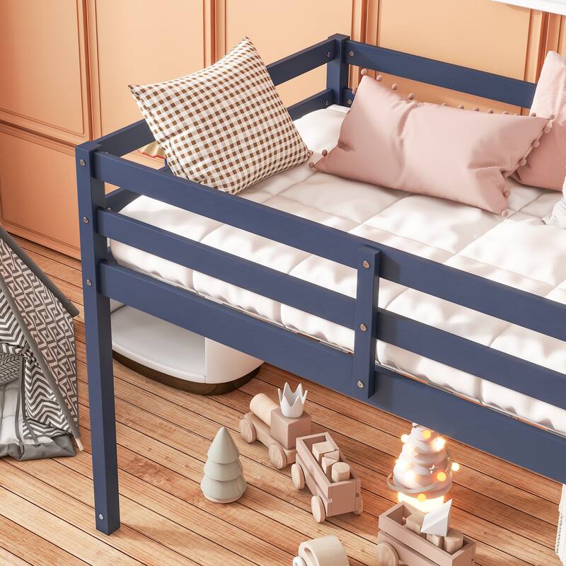 Twin Loft Bed - Solid Rubber Wood Frame with Ladder, Strengthened Slat Platform for Durable Sleeping Space
