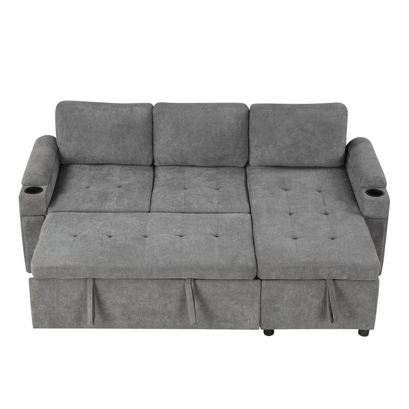 L-Shaped Convertible Sofa Bed with Reversible Chaise Lounge, Chenille Fabric Sectional Sofa with 2 Cup Holders & 2 USB Ports