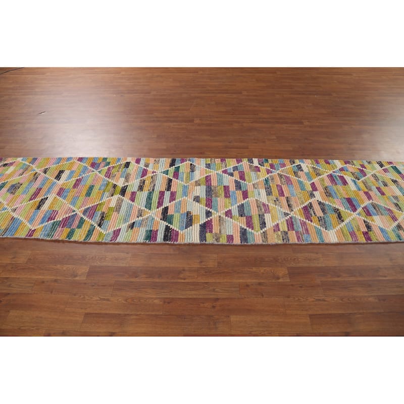 Multicolor Trellis Moroccan Runner Rug Hand-Knotted Wool Carpet - 2'7"x 12'10"