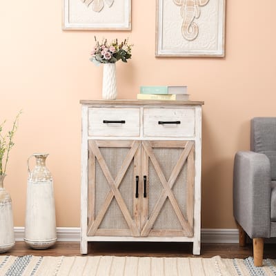 Farmhouse White and Natural Wood Storage Cabinet - 25.25" W x 13.25" D x 31.5" H