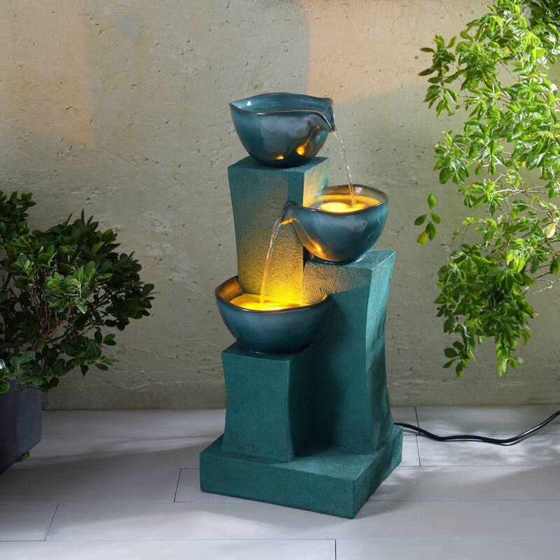 Teamson Home 28.54" 3-Tier Outdoor Fountain with LED Lights, Weather-Resistant Polyresin for Patio Garden Deck Decor