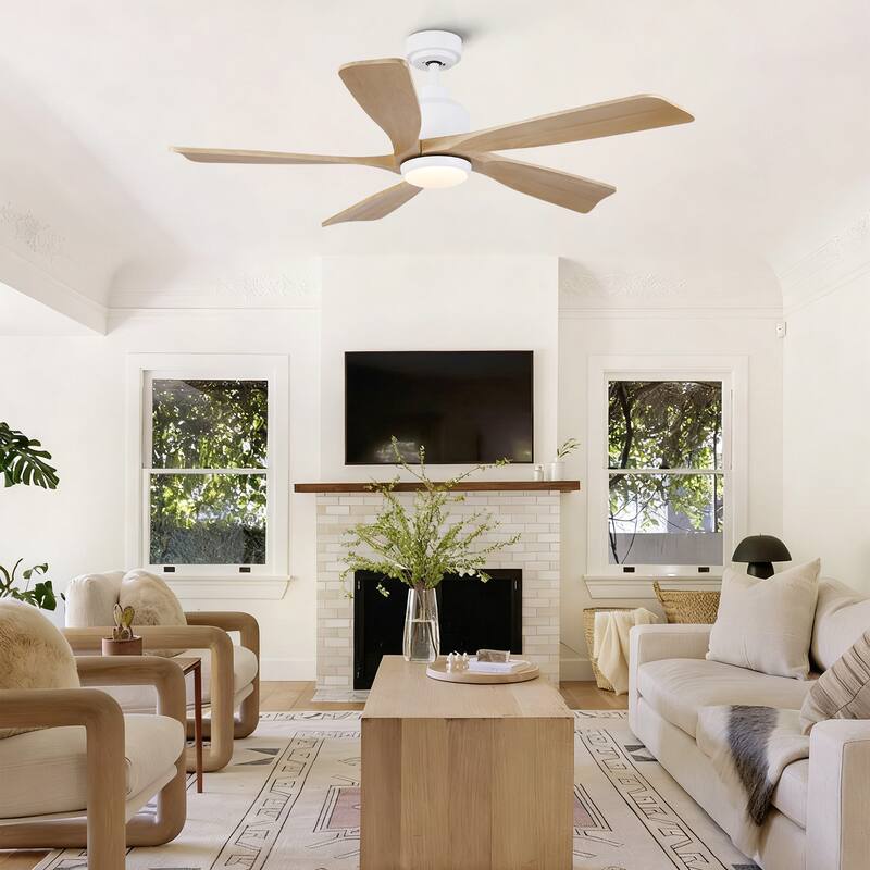 52 inch Natural Style Cozy Solid Wood White Ceiling Fan with Light, Quiet DC Motor