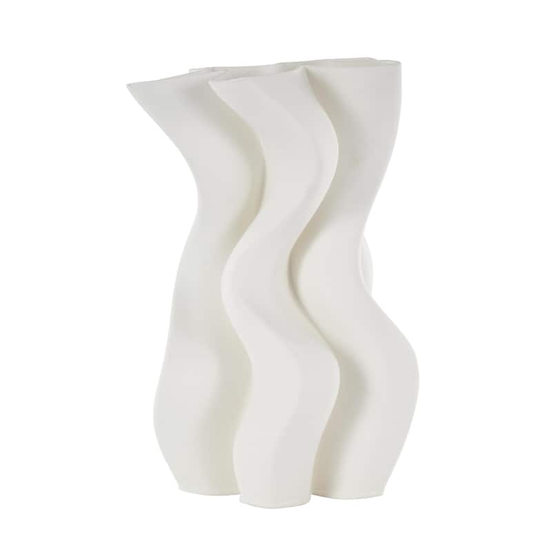 Ceramic Abstract Ribbed Dimensional Wavy Decorative Vase with Floral Shaped Rim - White - Roche River Decor