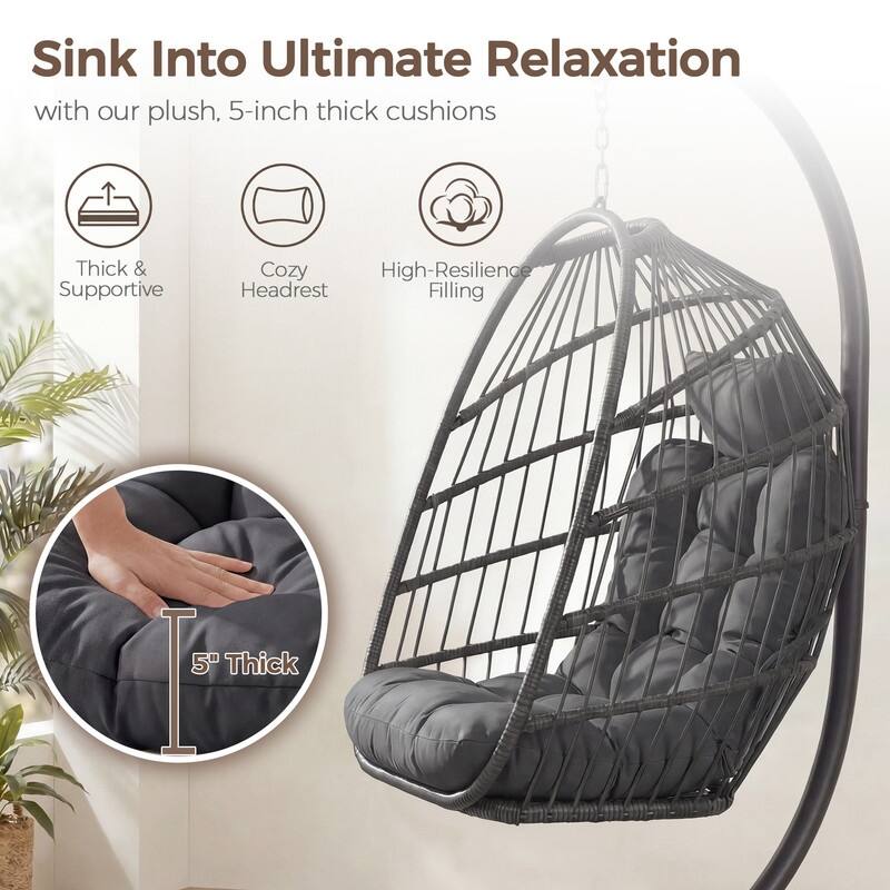 Oversized Wicker Hanging Egg Chair with Stand, Outdoor Indoor Swing Chair with Cushion, 350 lb Capacity