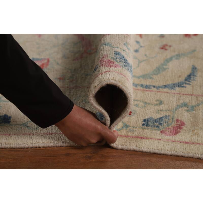 Vegetable Dye Beige Art Deco Turkish Rug Hand-Knotted Wool Carpet - 5'0"x 6'11"