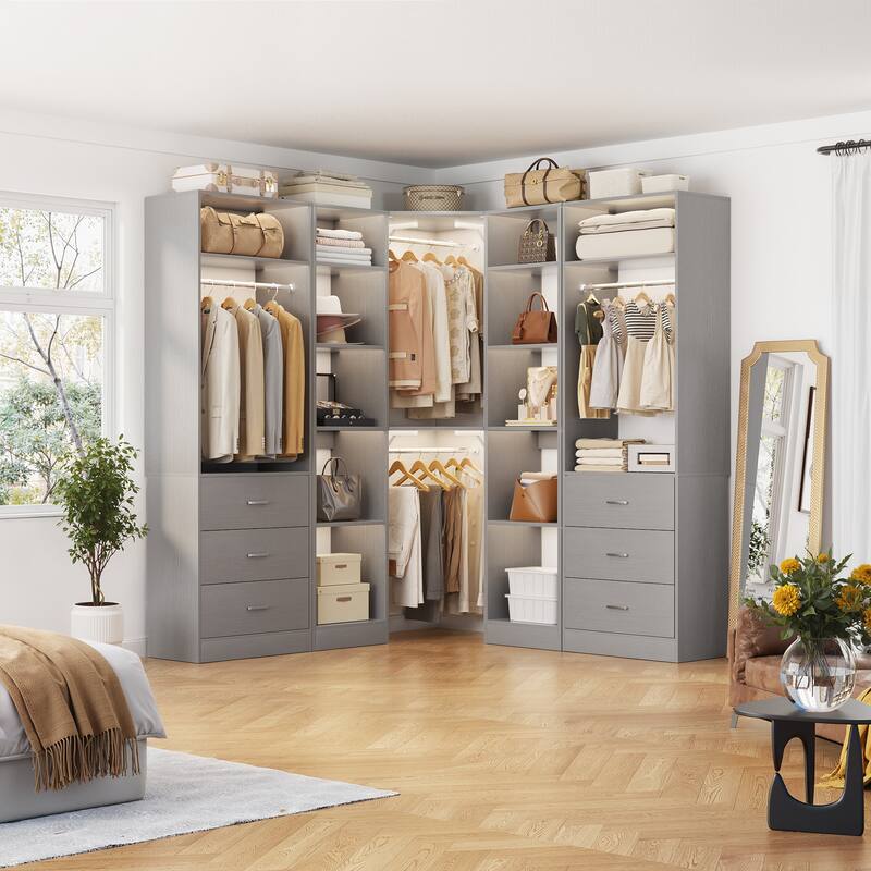 Corner Closet System with 6 Drawers & 4 Hanging Rods,Set of 3,Reversible Walk-in Closet Organizer System with Adjustable Shelves - Grey