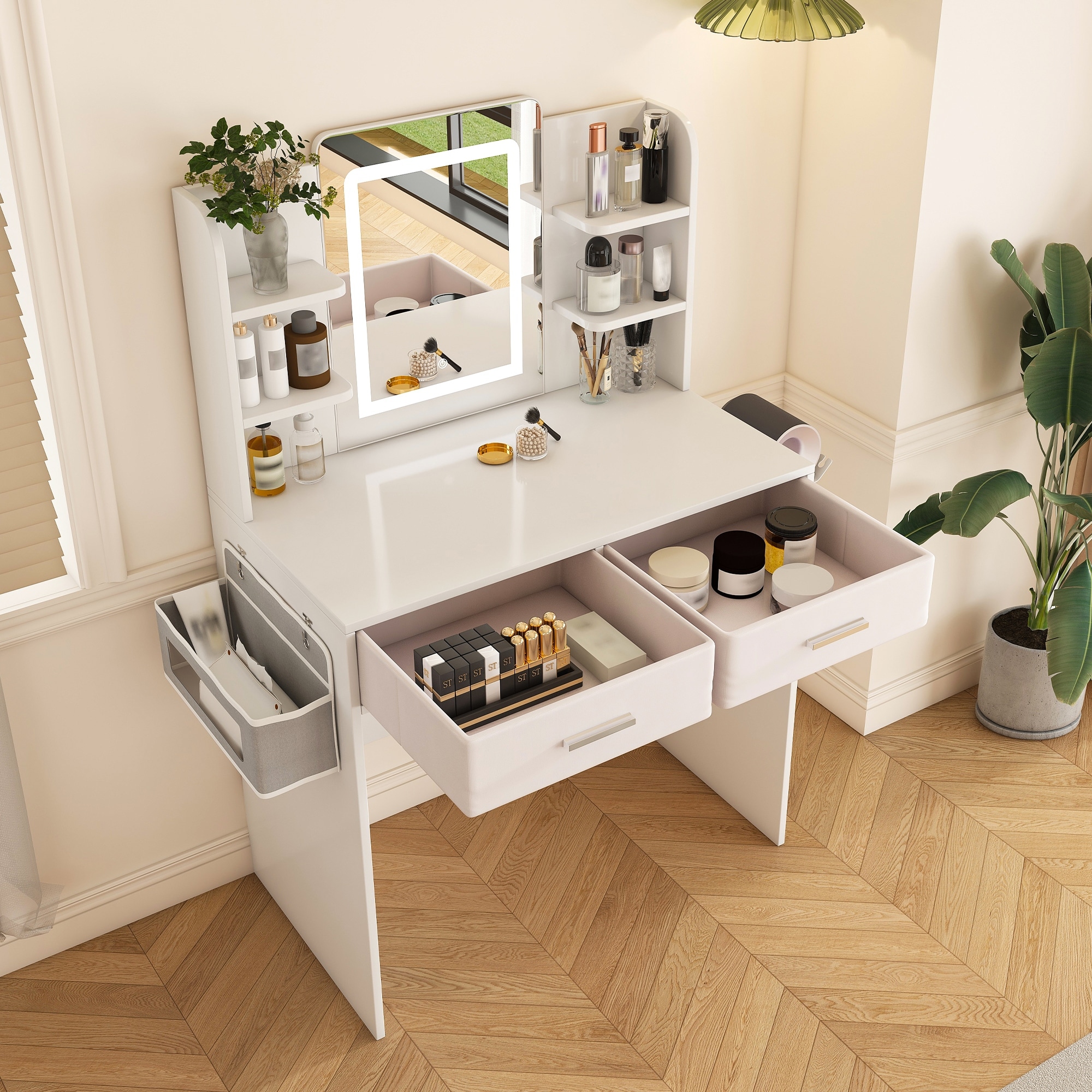 LED Mirror Vanity Dressing Table with Adjustable Lights - 3-Color Light Strips, 2 Drawers, Hair Dryer Stand & Storage Bag - Bed Bath & Beyond