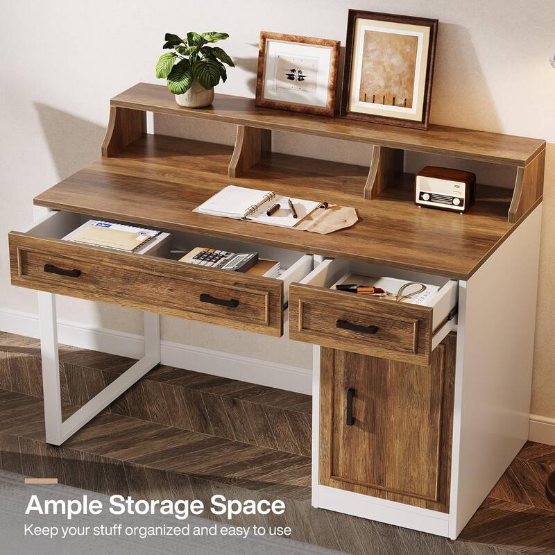 Computer Desk with Drawers & Hutch, Modern Executive Office Desk