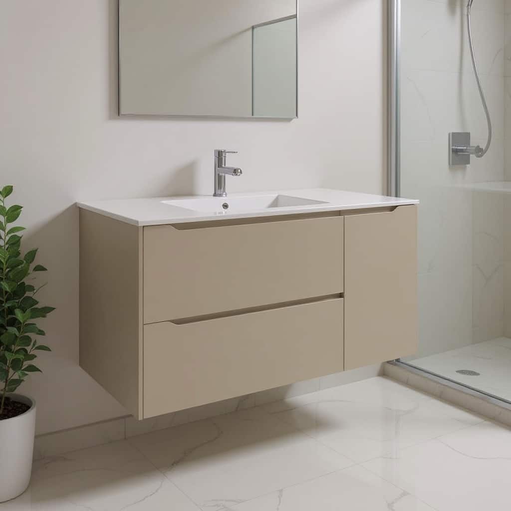 HomeRoots 40" Taupe Wood Floating Bathroom Vanity With White Sink And Two Drawers - 40.00 in. x 18.00 in. x 19.00 in.