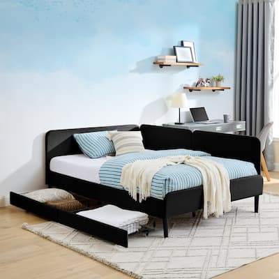 Upholstered Storage Bed - Velvet Platform Frame with 2 Built-In Drawers, Adjustable Sofa Bed in Black