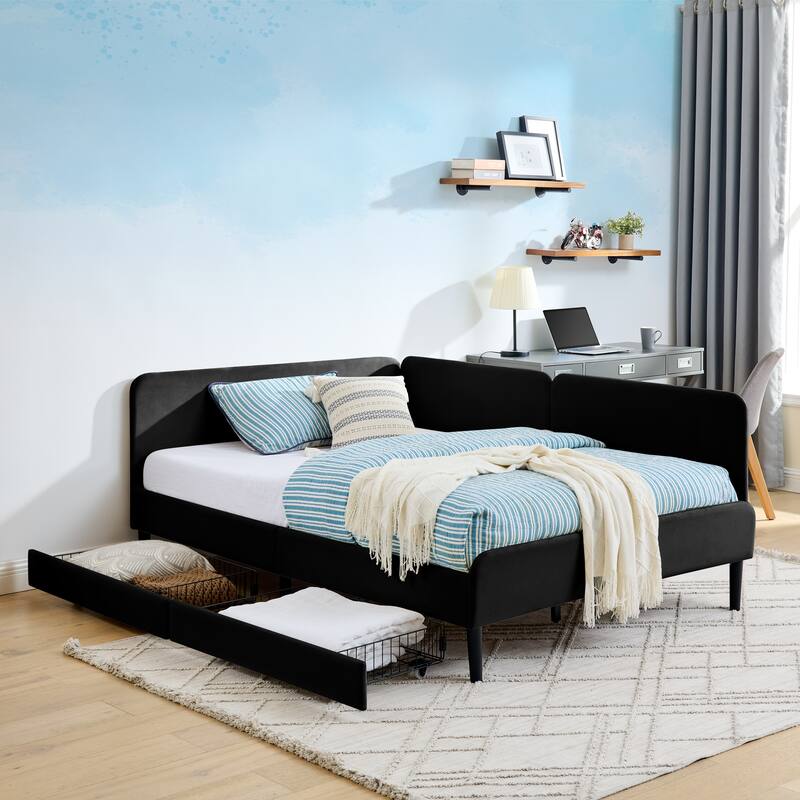 Roomfitters Twin/Full Upholstered Platform Bed with Side Backrest and Underbed Storage Trundle