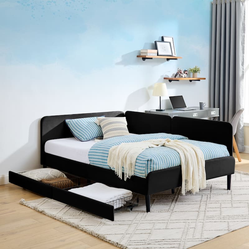 Velvet Upholstered Bed Adjustable Daybed Full Size Sleeper Sofa Bed Frame with Storage Drawers for Living Room, Guest Room