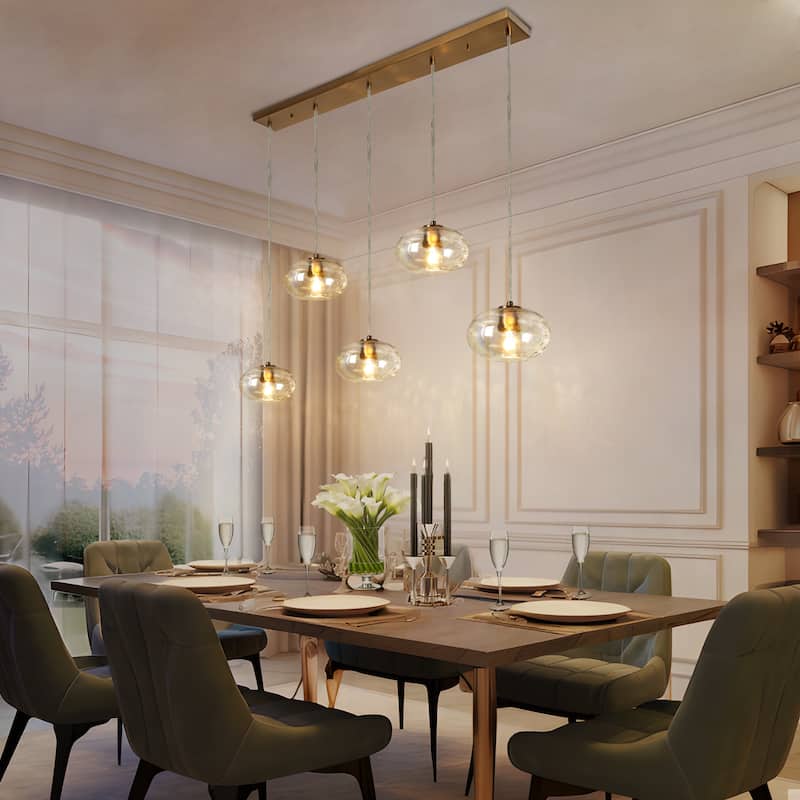 Modern 5-Light 52.4" W Iridescent Glass Chandelier Linear Kitchen Island Pendant for Dining Room - W52.4" x H66" Max